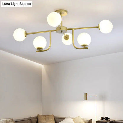 Modern White Glass Semi Flush Mount Ceiling Fixture with Gold Accents - 6 Bulbs