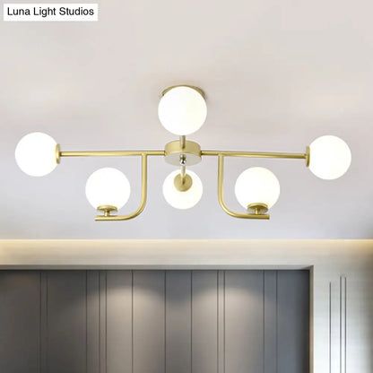 DecorBites™ DecorBites™ Modern White Glass Semi Flush Mount Ceiling Fixture with Gold Accents - 6 Bulbs