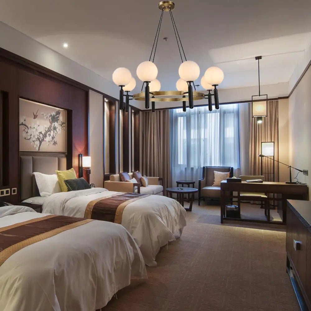 Lámpara de araña moderna de esfera de cristal blanco con diseño circular - 8 luces - Lámpara colgante negra