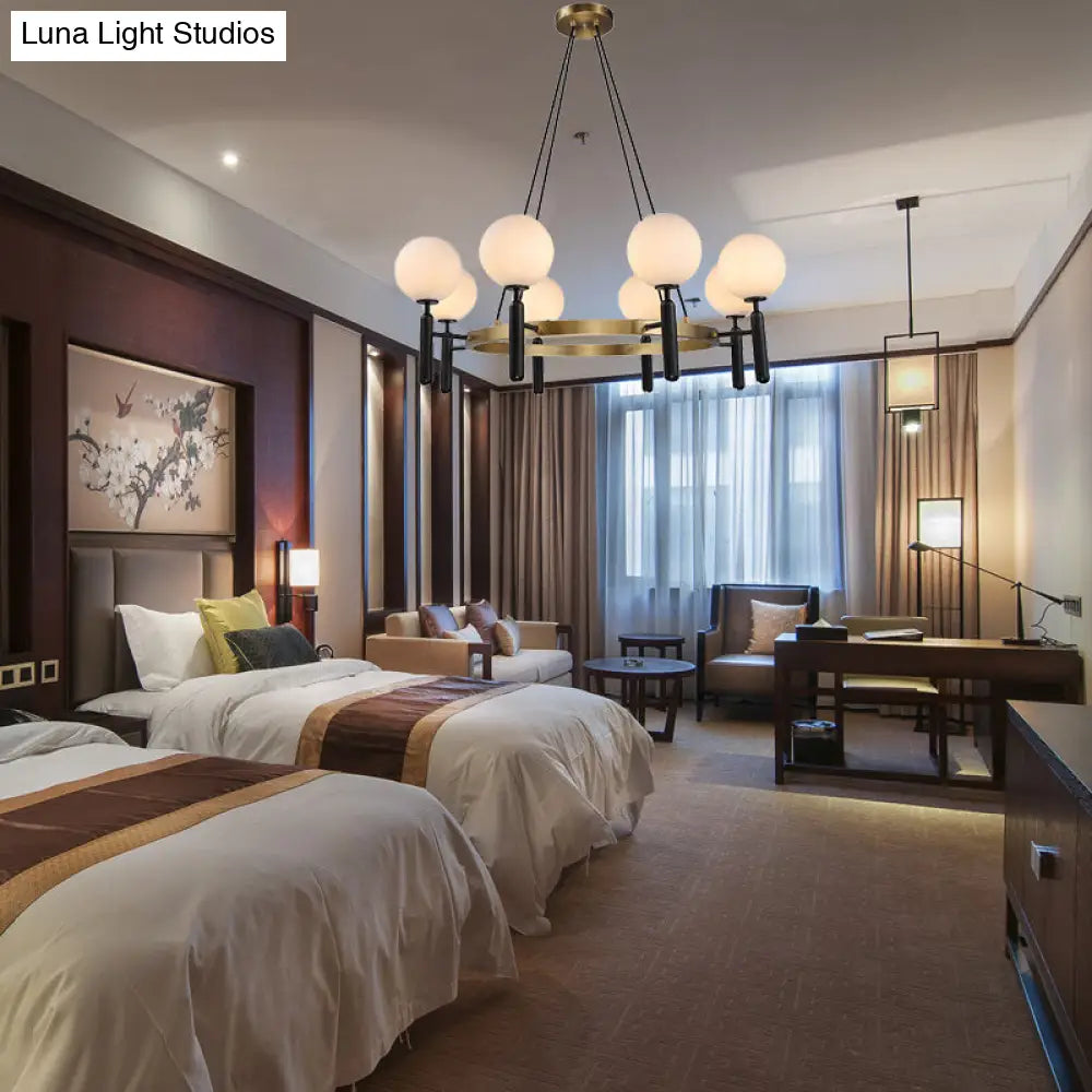 Lámpara de araña moderna de esfera de cristal blanco con diseño circular - 8 luces - Lámpara colgante negra