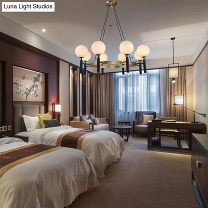 Lámpara de araña moderna de esfera de cristal blanco con diseño circular - 8 luces - Lámpara colgante negra