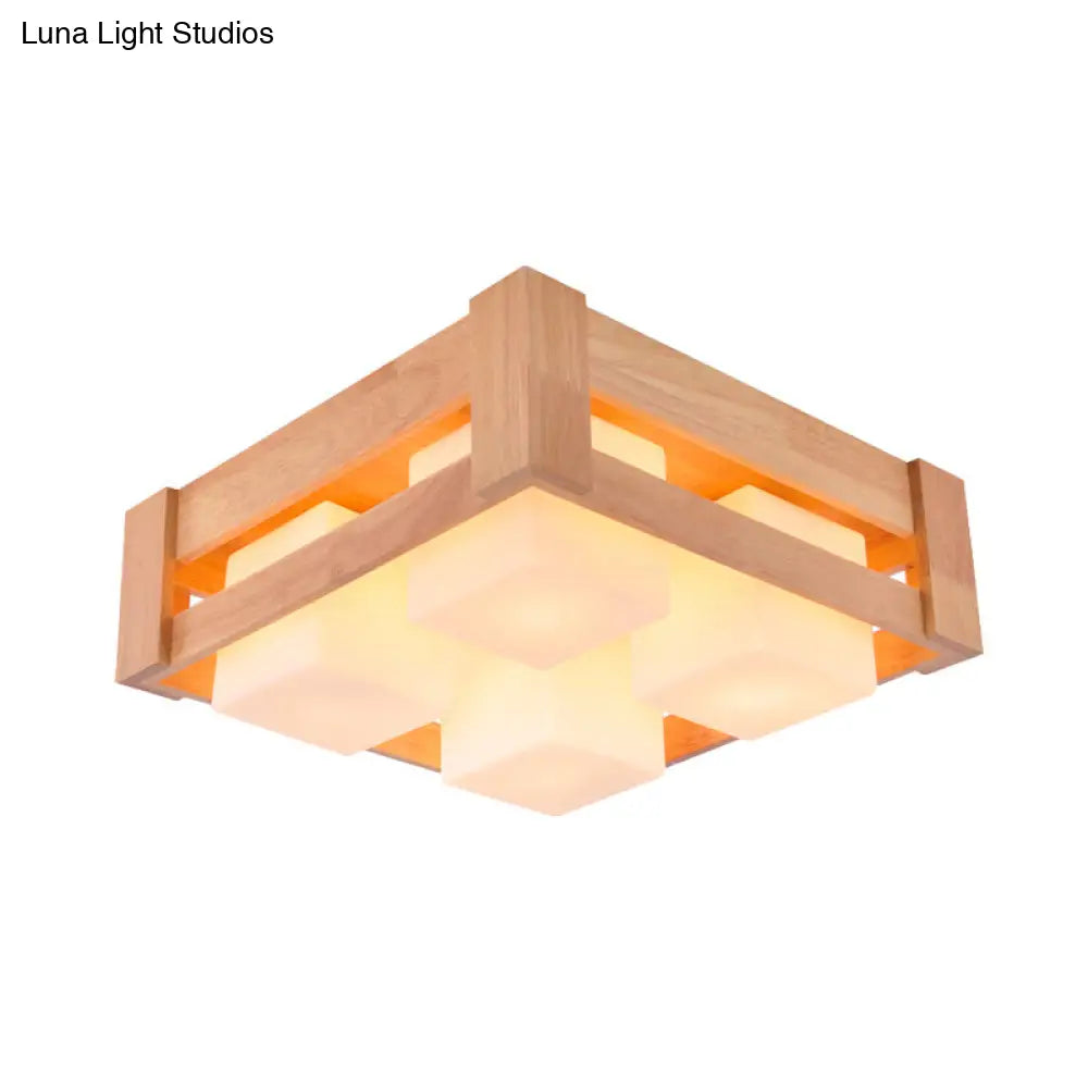 DecorBites™ DecorBites™ Modern White Glass Square Flushmount LED Lamp with Wood Accents for Living Room