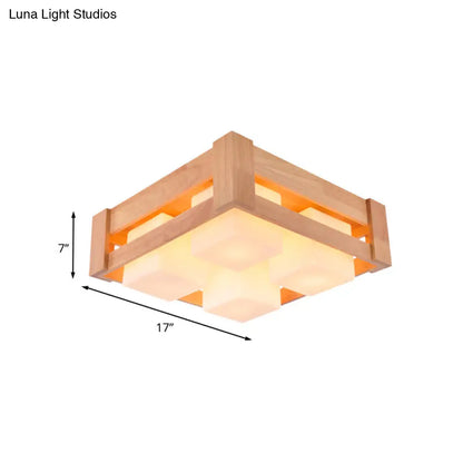 DecorBites™ DecorBites™ Modern White Glass Square Flushmount LED Lamp with Wood Accents for Living Room