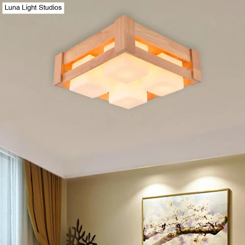 DecorBites™ DecorBites™ Modern White Glass Square Flushmount LED Lamp with Wood Accents for Living Room