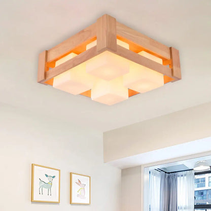 DecorBites™ DecorBites™ Modern White Glass Square Flushmount LED Lamp with Wood Accents for Living Room