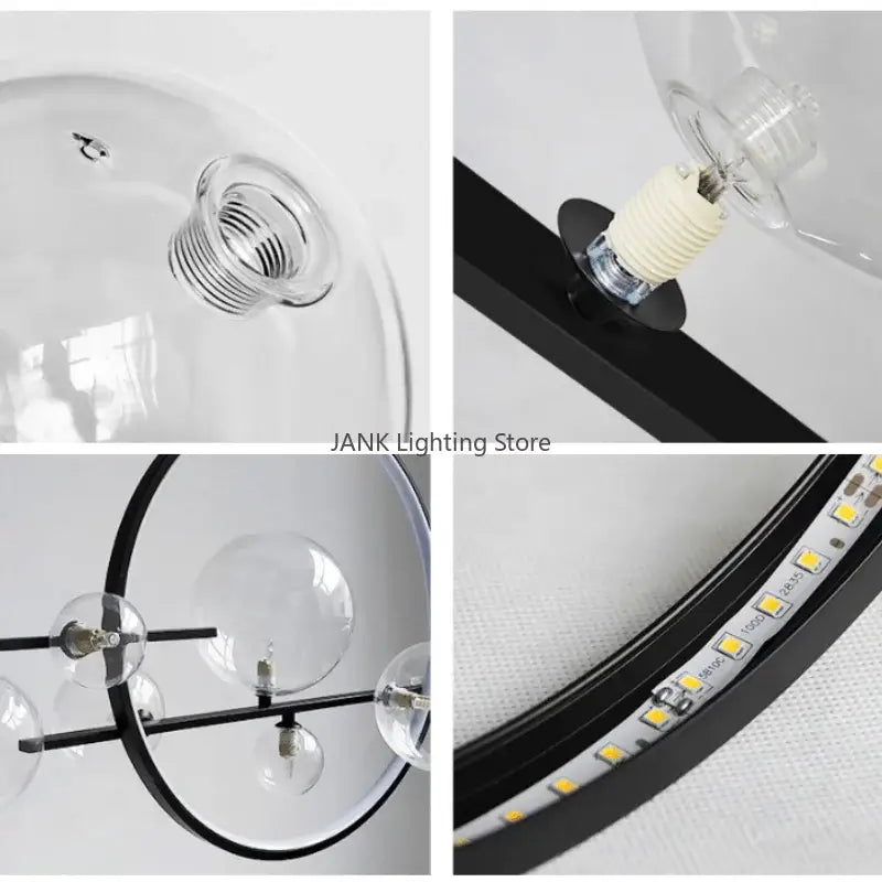 Modern black metal strip bubble chandelier with clear glass globe shades and integrated led lighting for kitchen bar decorbites glass strip