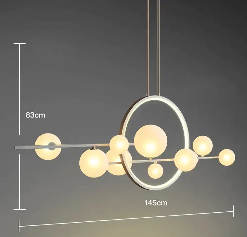 Modern white glass strip bubble chandelier kitchen bar pendant light with sleek metallic frame and warm frosted glass spheres decorbites glass strip