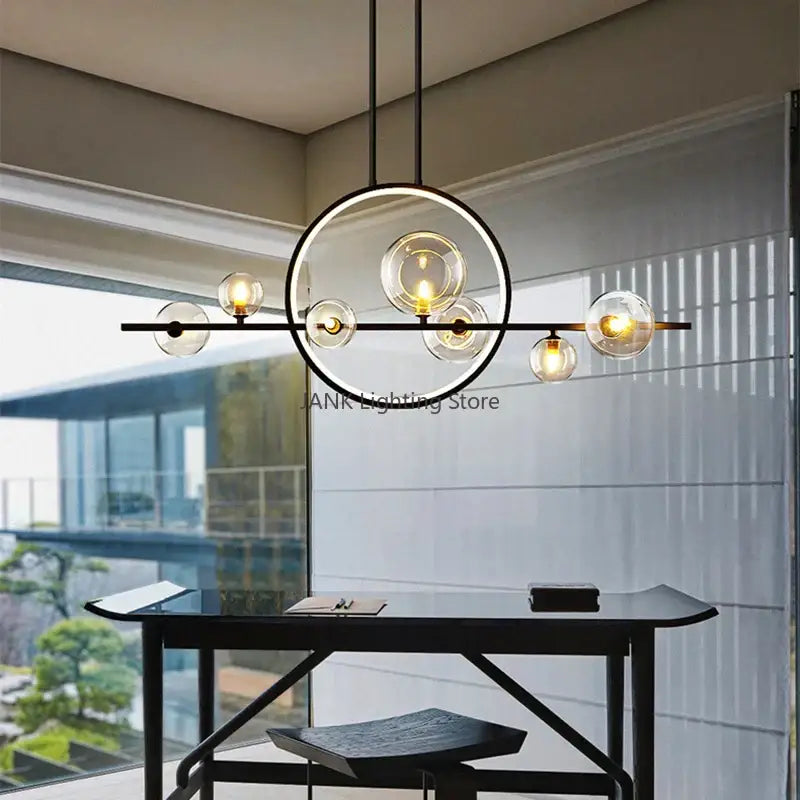 Modern black metal strip bubble chandelier with clear glass globe bulbs and circular frame for kitchen bar decorbites glass strip
