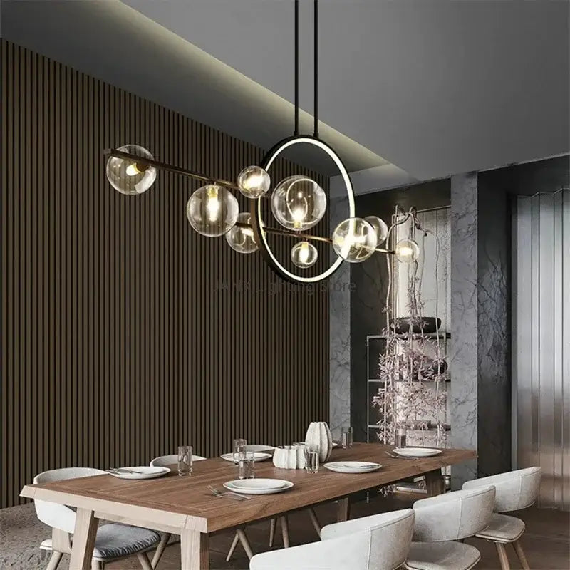 Modern white glass strip bubble chandelier kitchen bar pendant light with sleek black metal frame and warm glowing bulbs decorbites glass strip