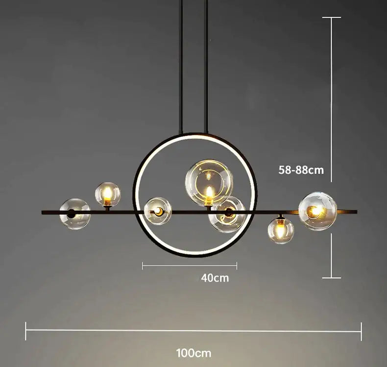Modern black metal strip bubble chandelier with circular frame and clear glass globes for decorbites glass strip lighting