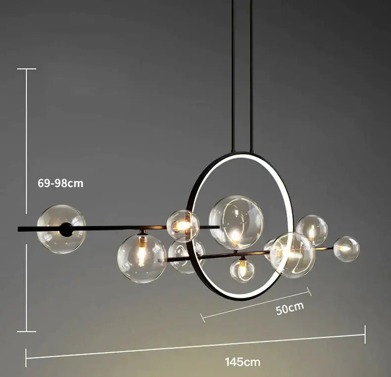 Modern black metal chandelier with clear glass globe bulbs and circular ring design for kitchen bar decorbites glass strip