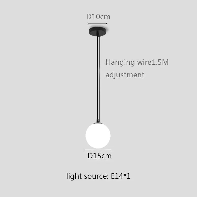 Minimalist black pendant light with white globe shade and adjustable wire for modern kitchen and dining room interiors