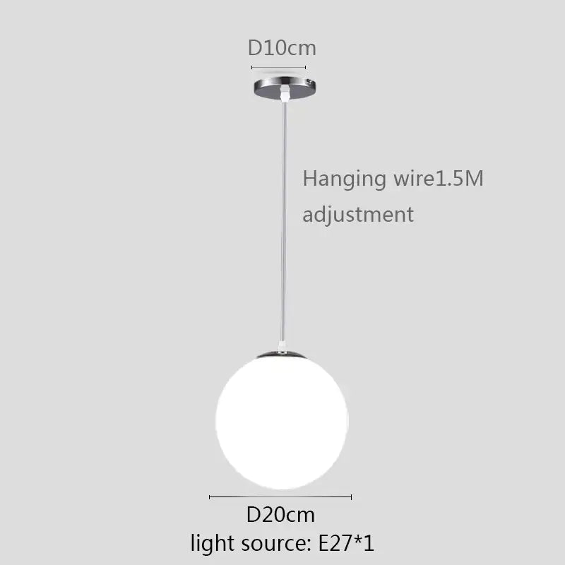 Modern minimalist pendant light with a white globe shade frosted glass and polished chrome for kitchen and dining room