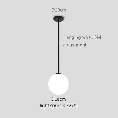 Minimalist black pendant light with white globe shade and adjustable wire for kitchen and dining room use