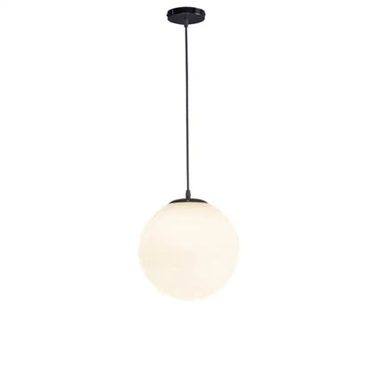 A sleek black pendant light with a frosted white globe shade for modern kitchen and dining room use