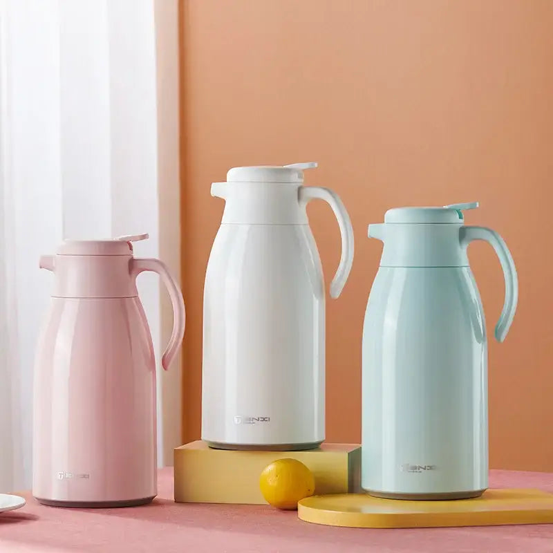 Modern white glossy glass insulation kettle set in pink white and light blue with decorbites glass insulation finish
