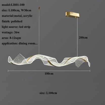 Modern white and gold acrylic ribbon led ceiling chandelier with gold wave pendant and translucent acrylic body for dining room decorbites acrylic ribbon