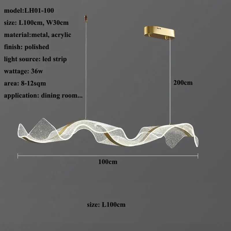 Modern white and gold acrylic ribbon led ceiling chandelier with gold wave pendant and translucent acrylic body for dining room decorbites acrylic ribbon