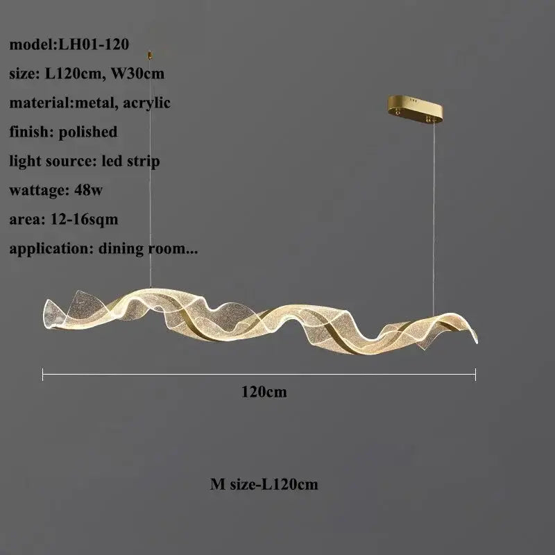 Modern white and gold acrylic ribbon led ceiling chandelier with polished gold finish and wave-like decorbites acrylic ribbon design