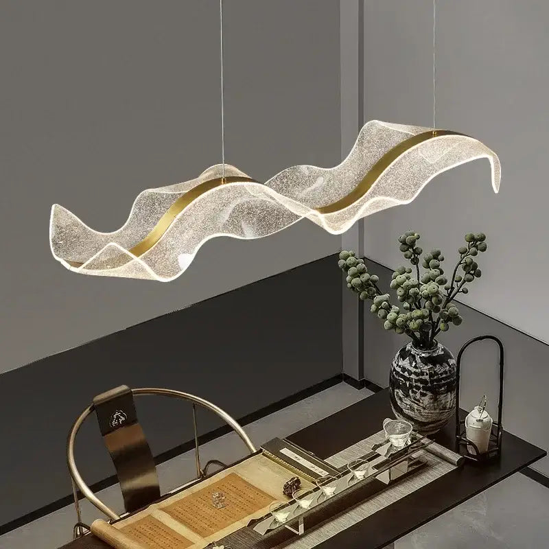 Modern white and gold acrylic ribbon led ceiling chandelier with wave-shaped translucent body for dining room decorbites acrylic ribbon