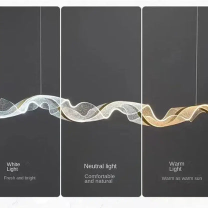 Modern white and gold acrylic ribbon led ceiling chandelier with wave-shaped translucent fabric and three color modes lighting