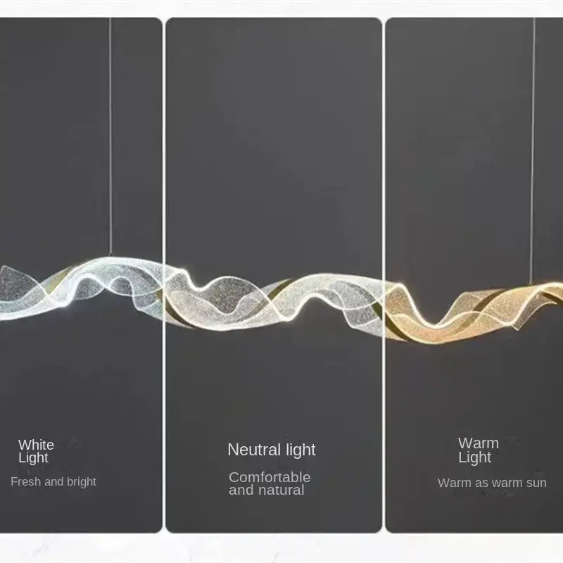 Modern white and gold acrylic ribbon led ceiling chandelier with wave-shaped translucent fabric and three color modes lighting