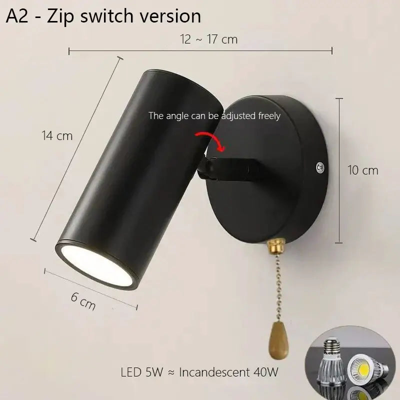 Black cylindrical wall lamp with adjustable angle and brass pull chain switch for decorbites adjustable nordic led decor