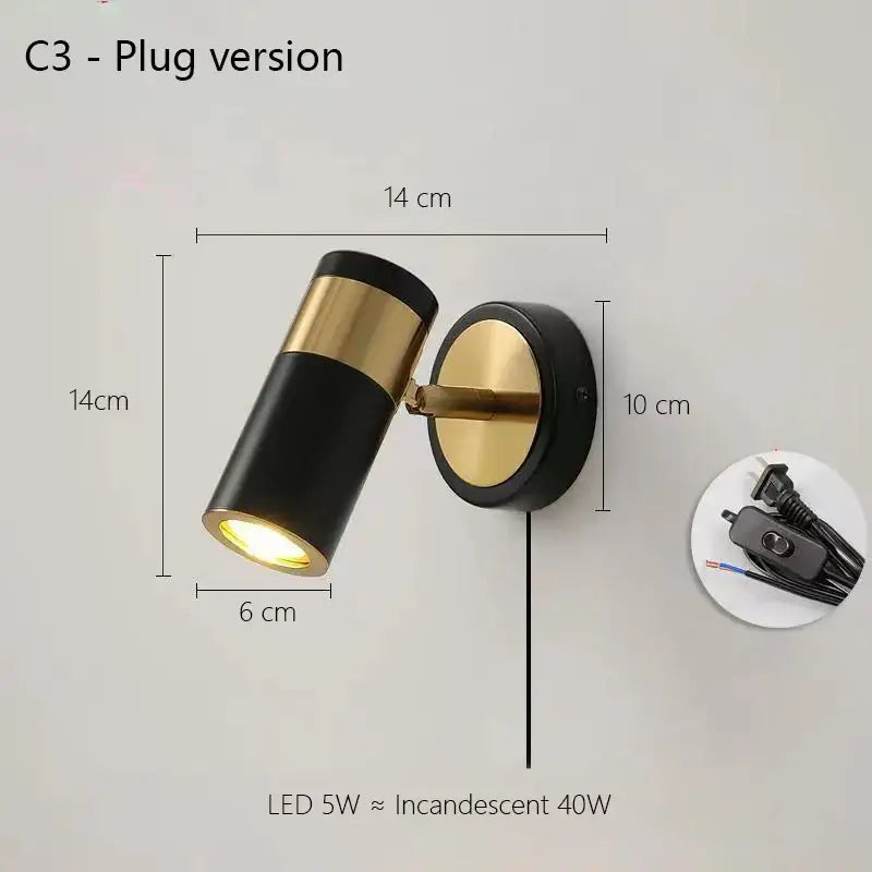 Black and gold c3 plug-in wall lamp with cylindrical head 14cm tall decorbites adjustable nordic led bedroom lighting