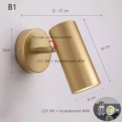 Gold-finished adjustable nordic led wall lamp with cylindrical design and 5w energy-efficient bulb by decorbites