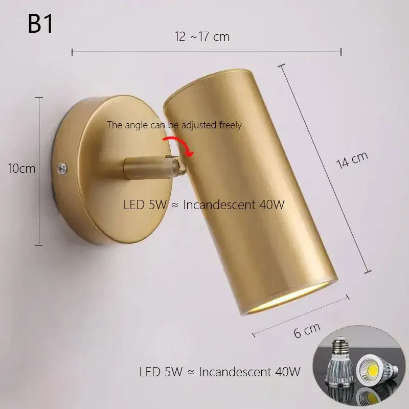 Gold-finished adjustable nordic led wall lamp with cylindrical design and 5w energy-efficient bulb by decorbites