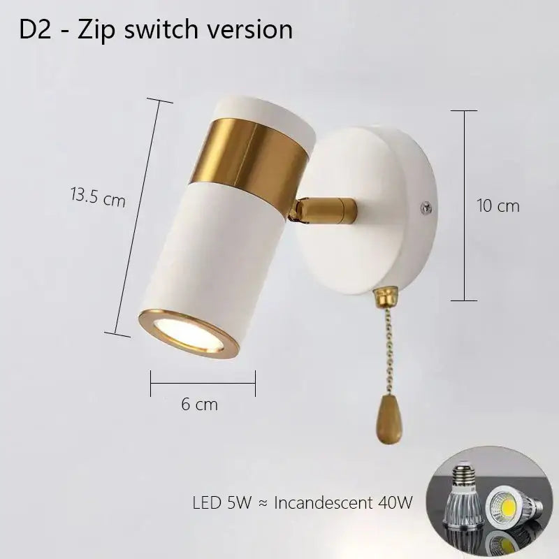Modern white and gold decorbites adjustable nordic led wall lamp with zip switch pull chain for bedroom lighting decor