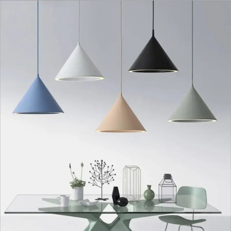 Five modern annular cone pendant lamps in matte white, black, blue, beige, and gray by decorbites for living room decor