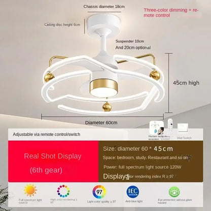 Modern white and gold ceiling fan light with three-color dimming remote control for elegant bedroom fan light