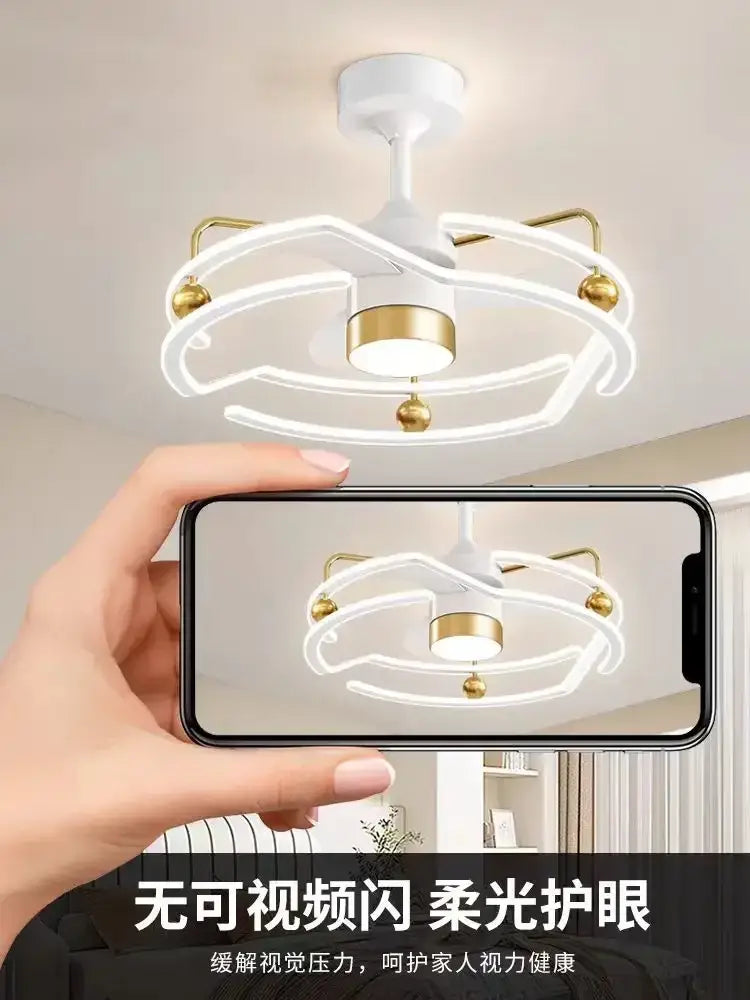 Modern white and gold ceiling fan light with integrated led and sleek curved design for elegant bedroom use