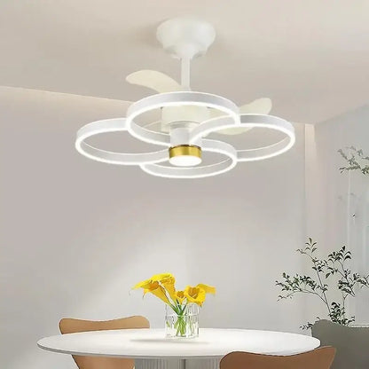 Modern white and gold ceiling fan light with flower-like design and sleek circular rings for elegant bedroom fan light