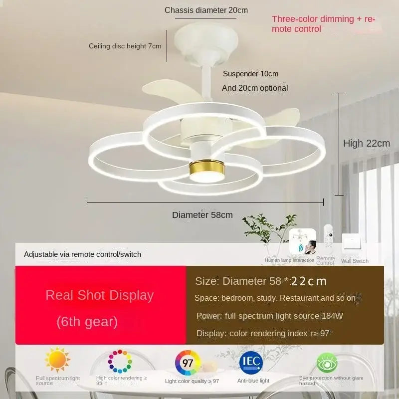 Modern white and gold ceiling fan light with three interlocking circular rings 58cm diameter for elegant bedrooms