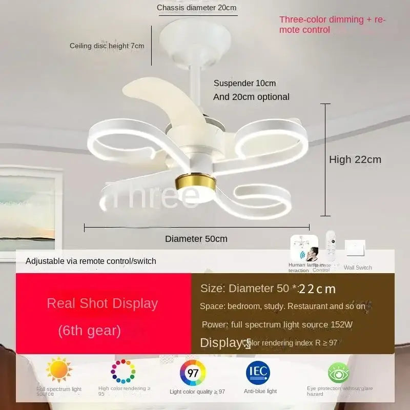 Modern white and gold ceiling fan light with three curved translucent blades for an elegant bedroom fan light