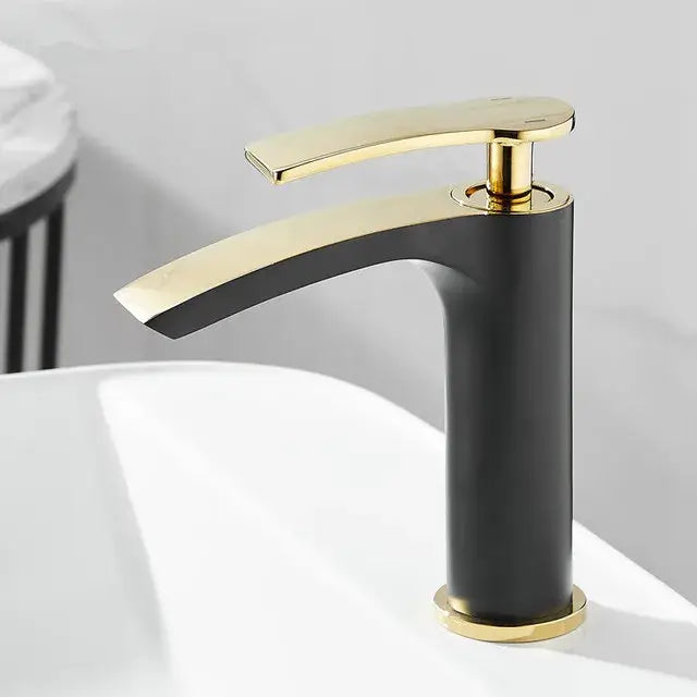 Modern white and gold ceramic brass bathroom basin faucet with black and gold curved spout for decorbites brass bathroom