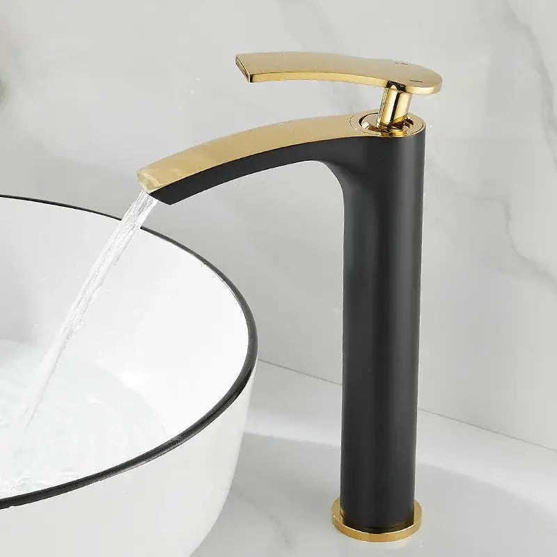 Modern white and gold ceramic brass bathroom basin faucet with black and gold two-tone curved spout decorbites brass bathroom