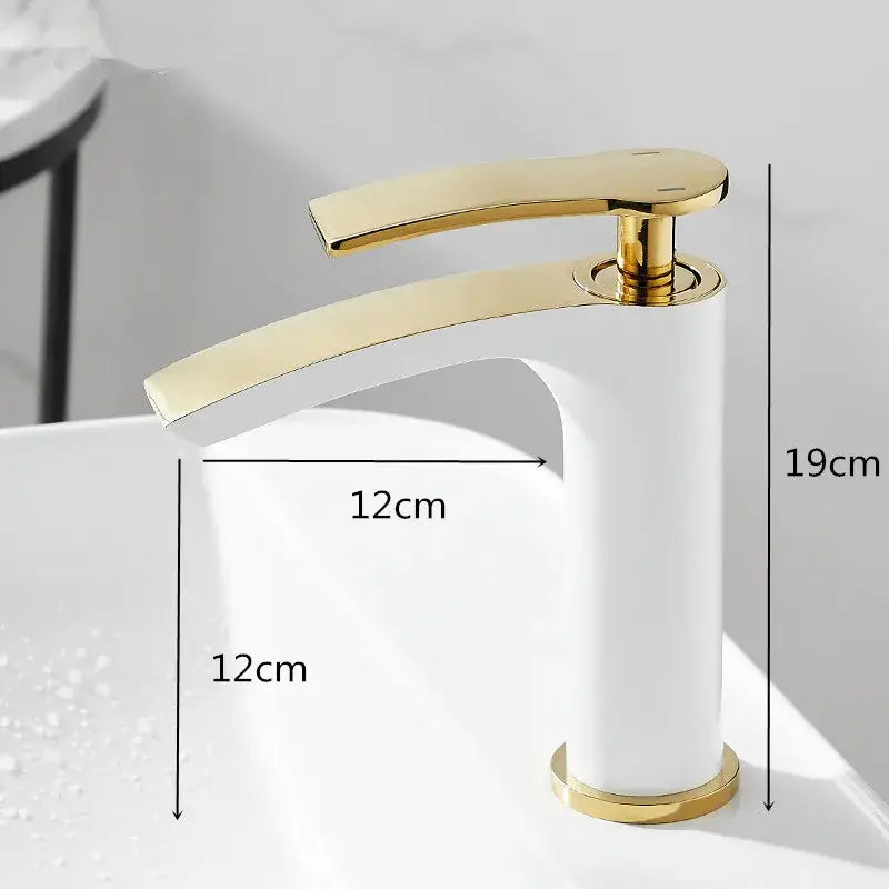 Modern white and gold ceramic brass bathroom basin faucet with a sleek design by decorbites brass bathroom collection