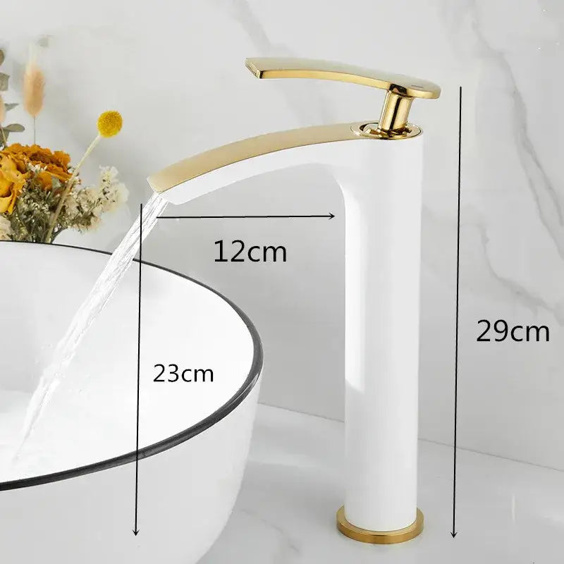Modern white and gold ceramic brass bathroom basin faucet with a sleek tall design for decorbites brass bathroom use