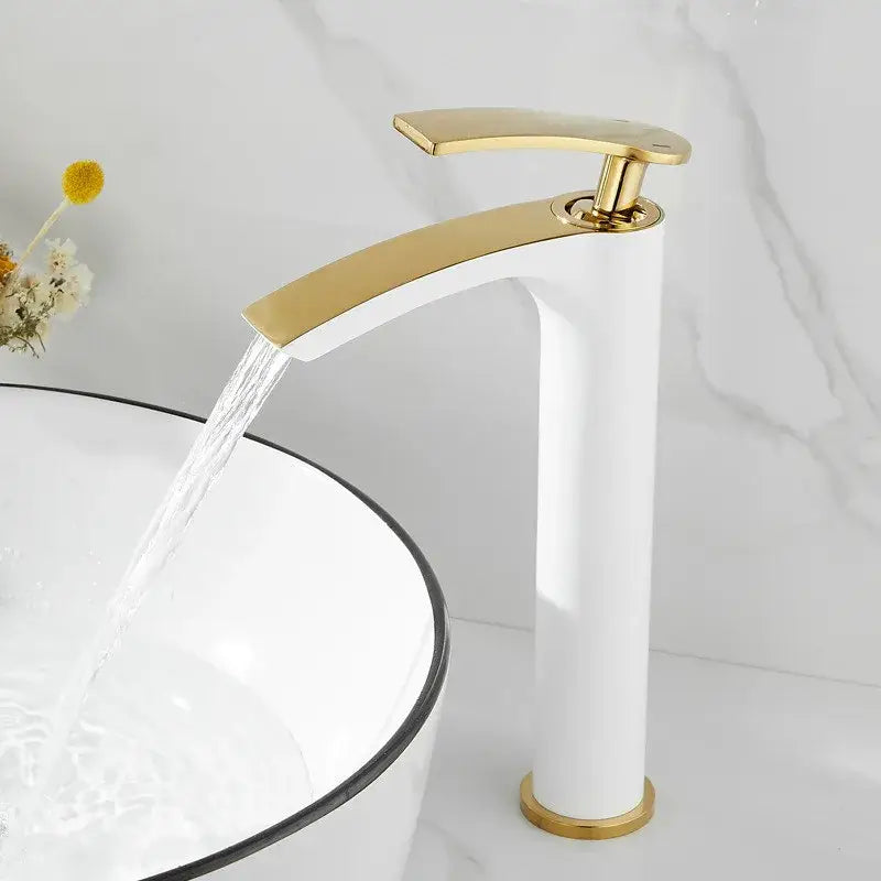 Modern white and gold ceramic brass bathroom basin faucet with sleek minimalist waterfall design decorbites brass bathroom basin