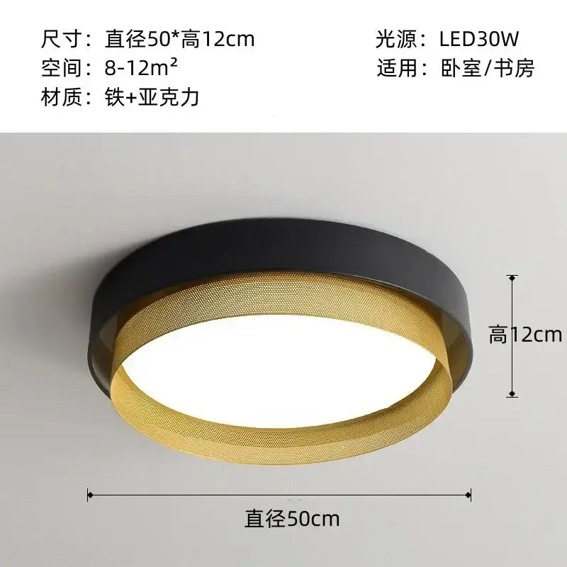 Modern white and gold circular metal grid ceiling light with black outer ring and textured gold inner band decorbites circular metal