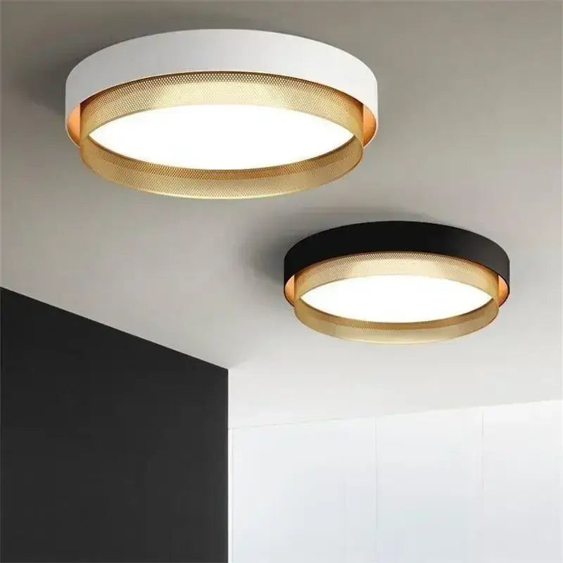 Modern white and gold circular metal grid ceiling light with gold-toned inner mesh for bedroom decorbites circular metal