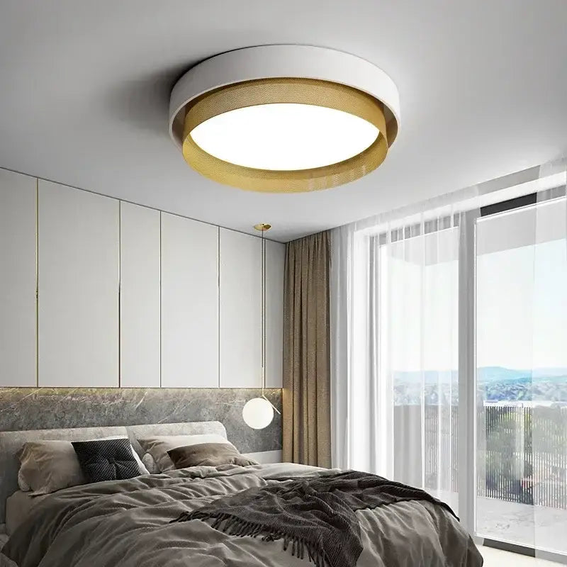 Modern white and gold circular metal grid ceiling light with a decorbites circular metal design for bedroom decor