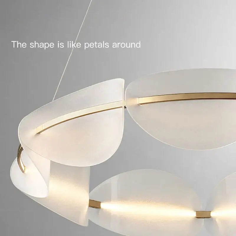 Modern white and gold circular petal led chandelier with translucent petal shades and metallic accents for living room decorbites circular petal