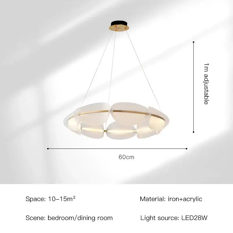 Modern white and gold decorbites circular petal led chandelier with frosted acrylic petals and adjustable height for living room lighting