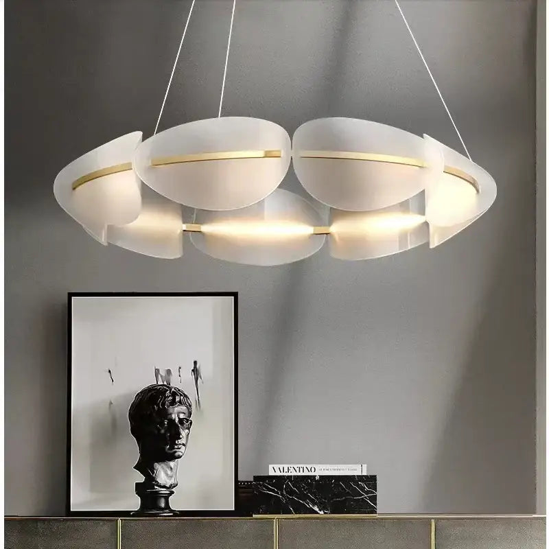 Modern white and gold decorbites circular petal led chandelier with translucent petal shades for living room lighting