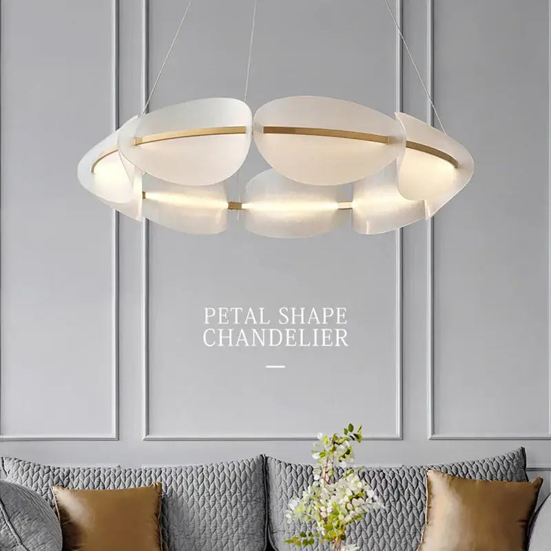 Modern white and gold decorbites circular petal led chandelier with translucent leaf-shaped shades for living room light
