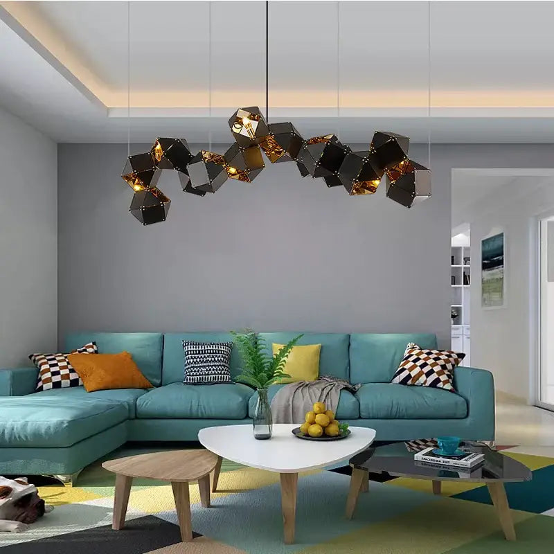 Modern white and gold cube led pendant light with black and gold geometric design for dining room decorbites cube led